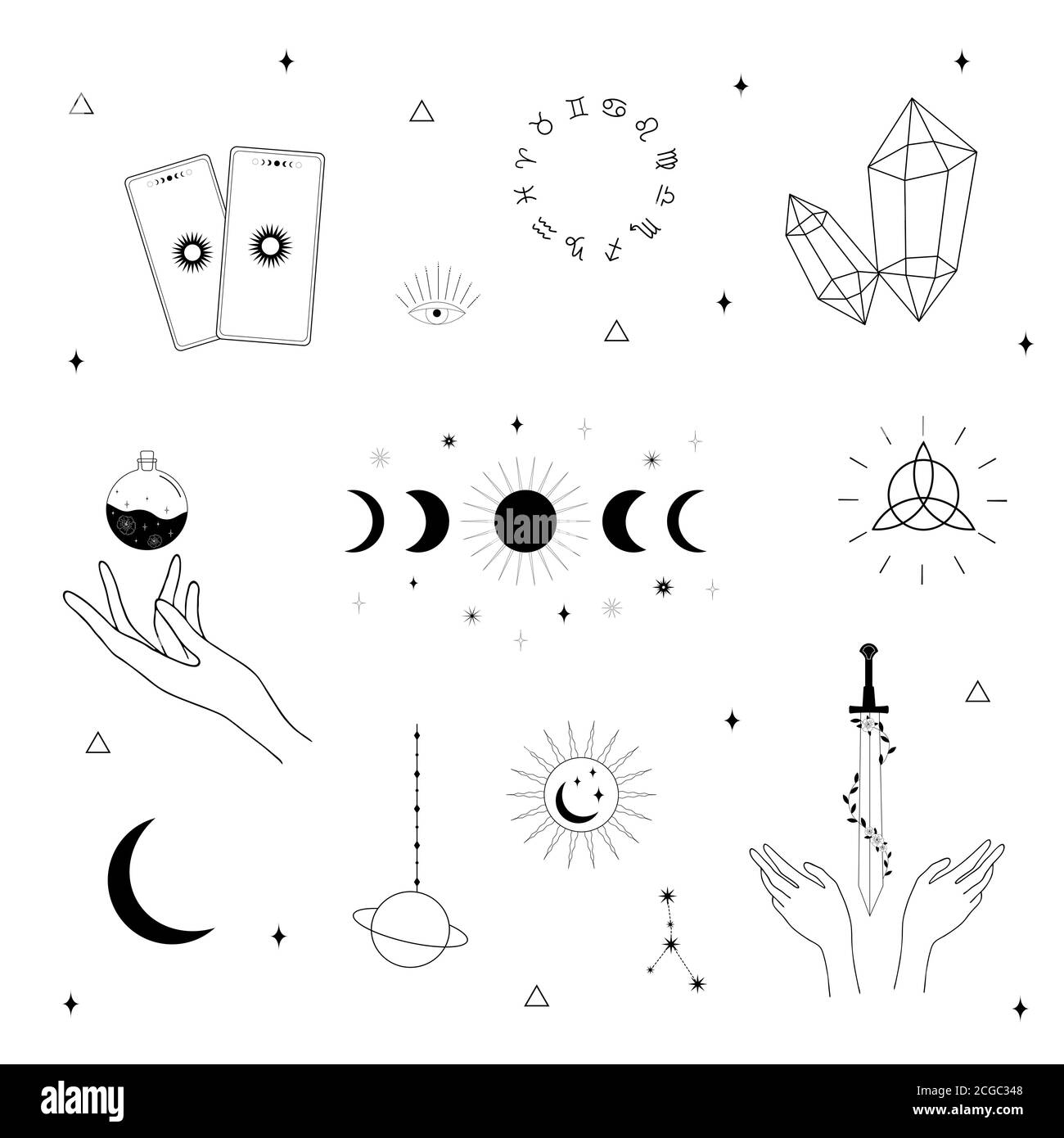 Vector witch magic design elements set. Hand drawn, doodle, sketch magician collection. Witchcraft symbols. Perfect for logo, tattoo, textile, cards Stock Vector