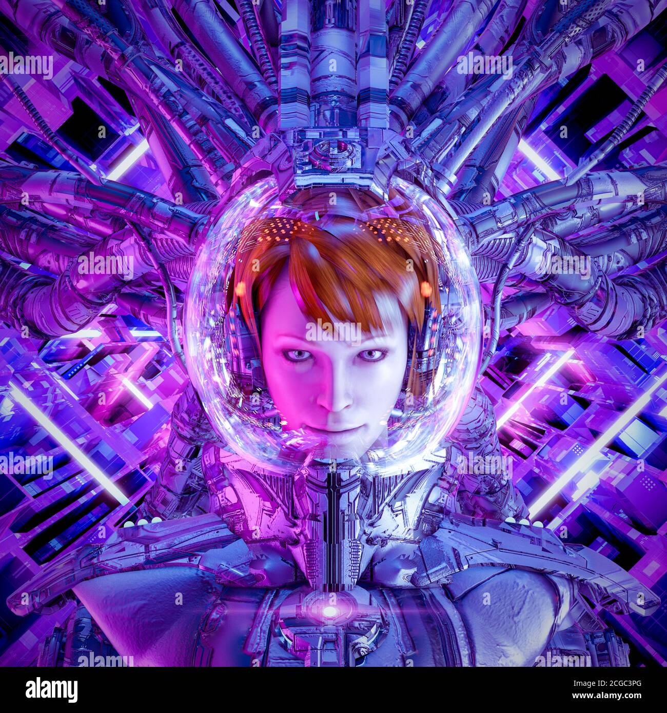 Mission to infinity / 3D illustration of science fiction female futuristic astronaut inside brightly neon lit space ship Stock Photo