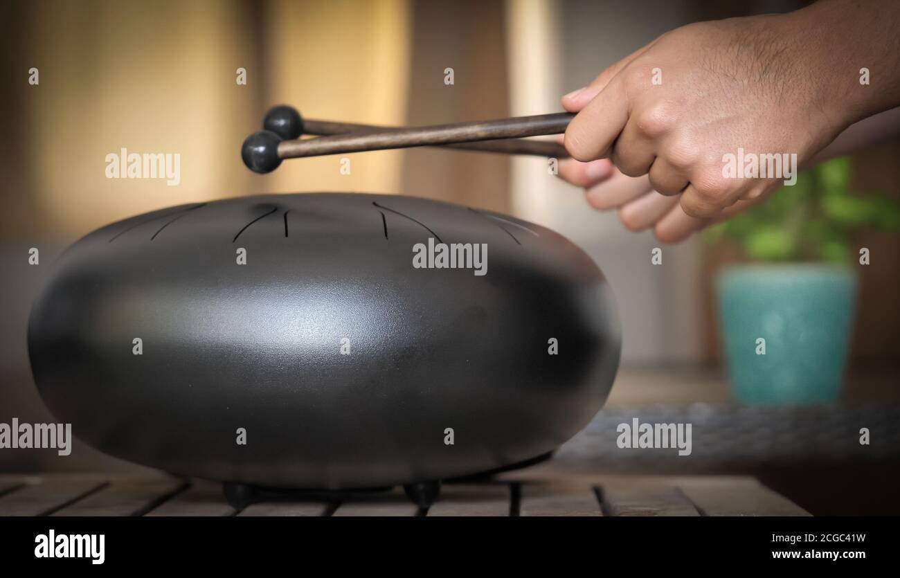 Steel tongue drum rare music playing instrument, made from propane tank