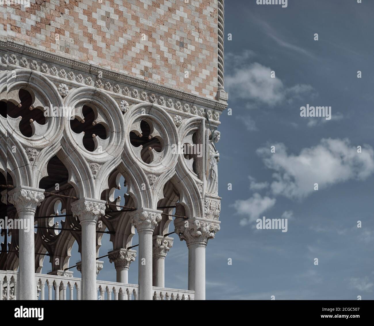 Detail of the Gothic facade of the Doge's Palace in Venice, Veneto, Italy. Stock Photo