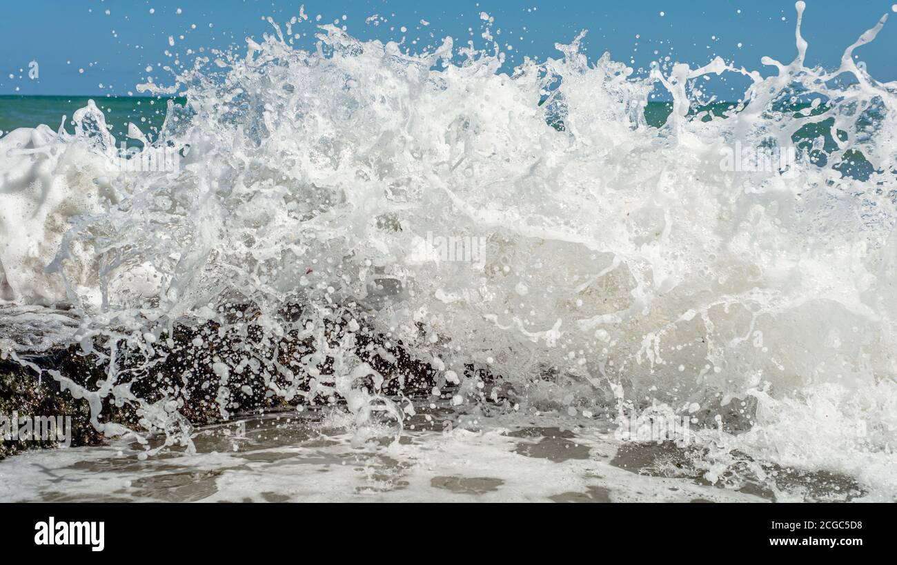 Splashes from ocean waves breaking on the reef, Recife beach, Brazil Stock Photo