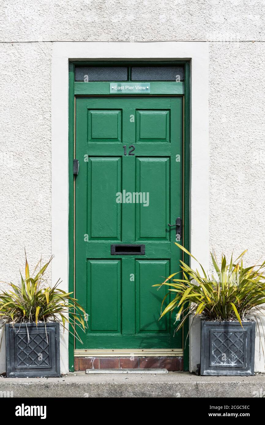 Green panelled front door with number 12 and plant pots on either side. Stock Photo