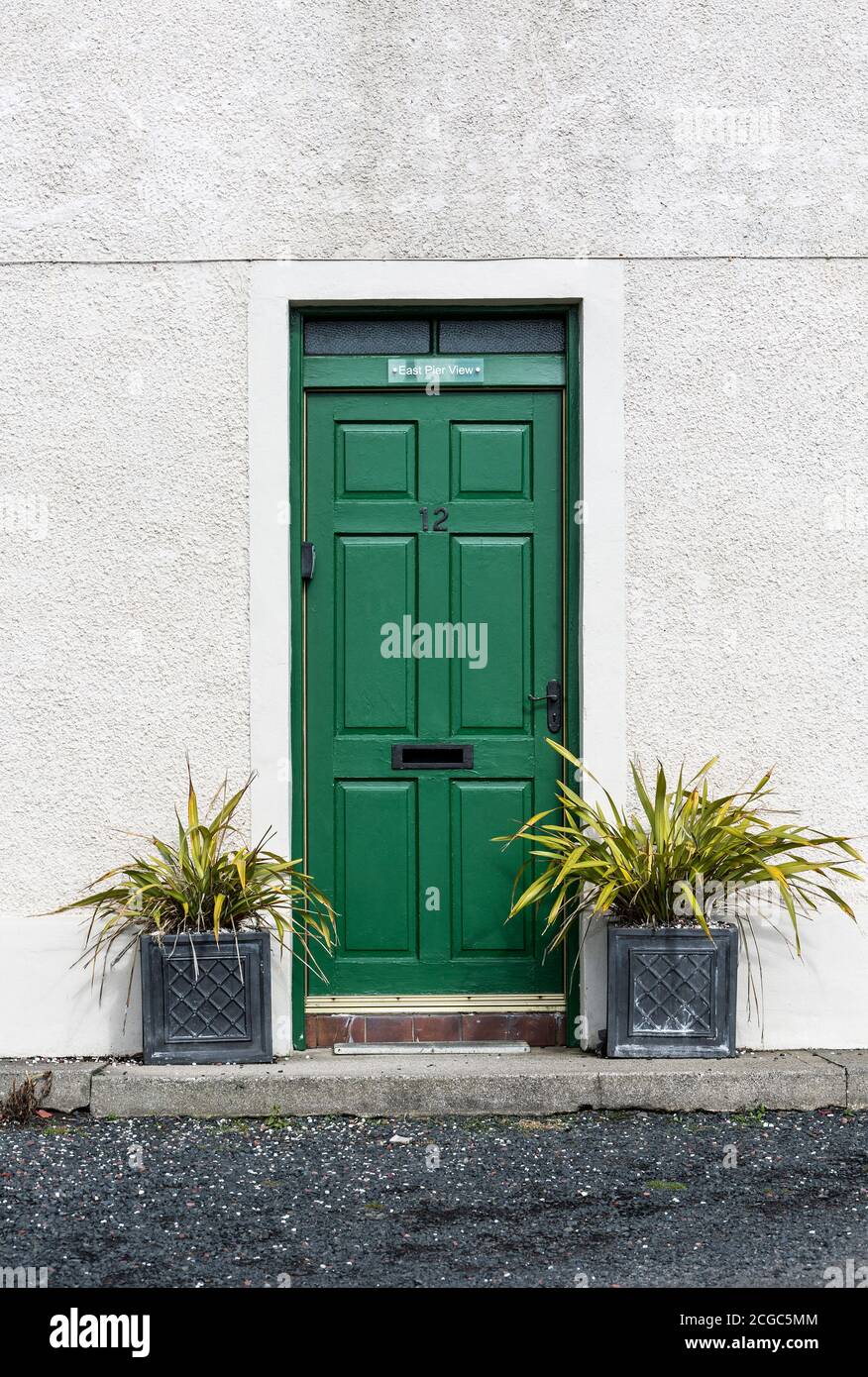 Green panelled front door with number 12 and plant pots on either side. Stock Photo