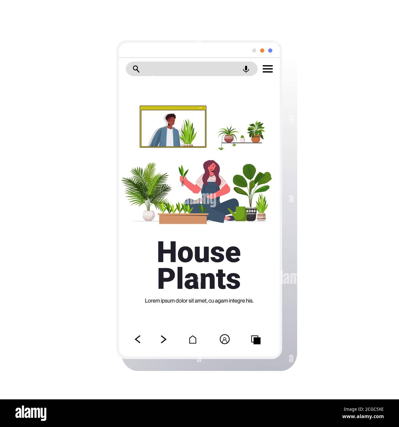 woman planting houseplants in pot girl discussing with african american friend during video call smartphone screen full length copy space vector illustration Stock Vector