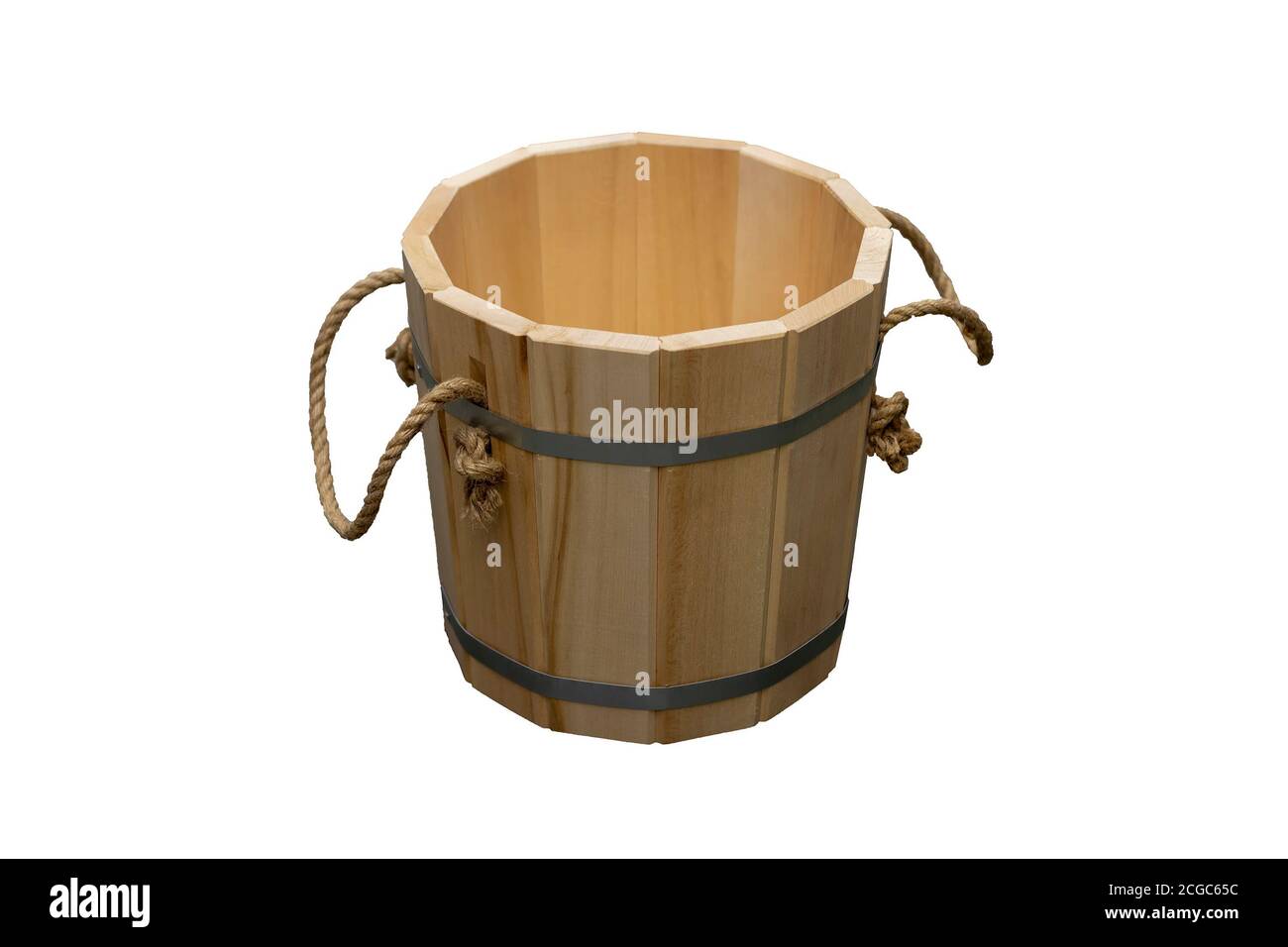 A wooden bucket with rope handles. They're going against a white background. Front view Stock