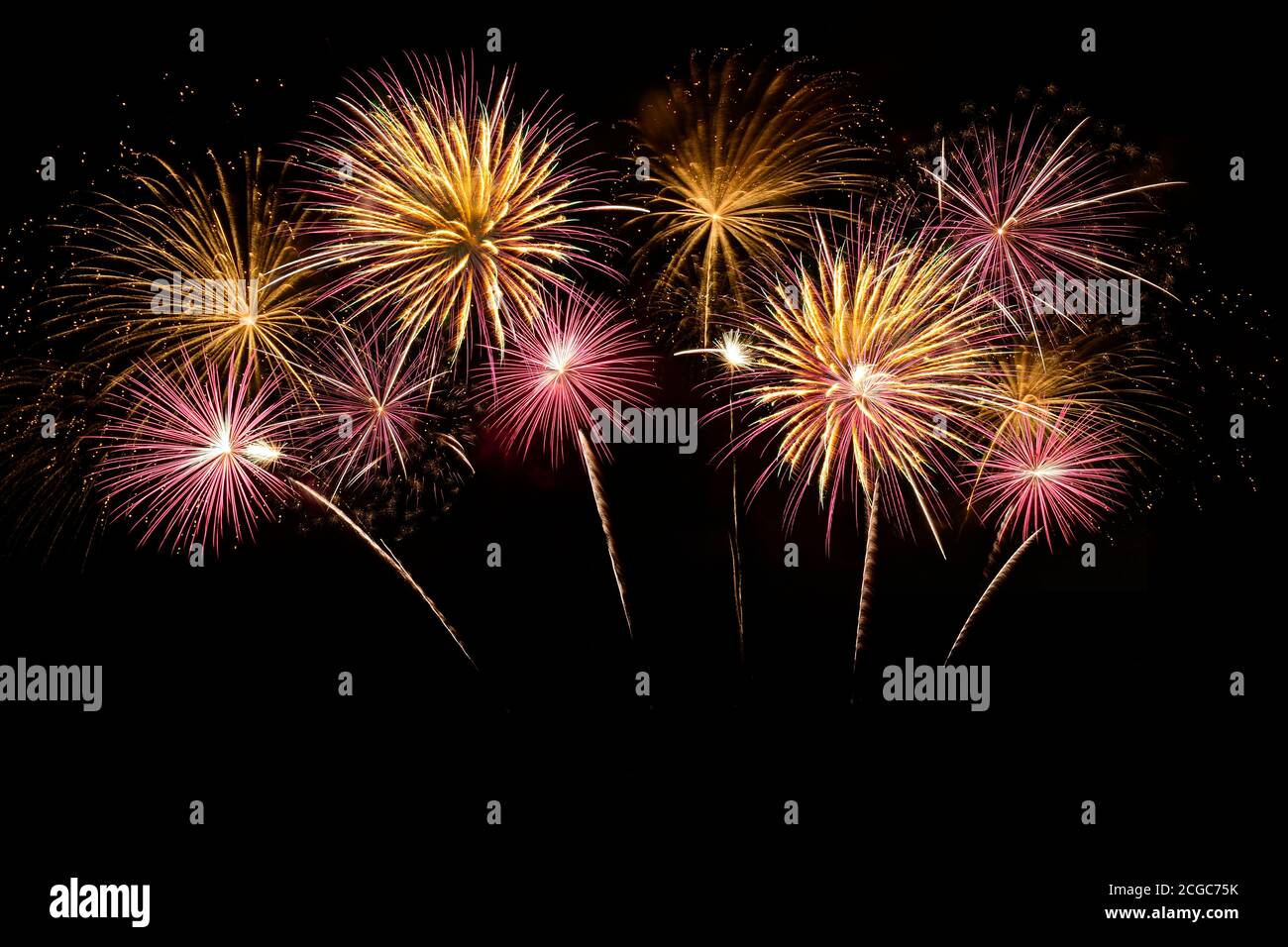 Colorful fireworks celebration and the midnight sky background. Stock Photo