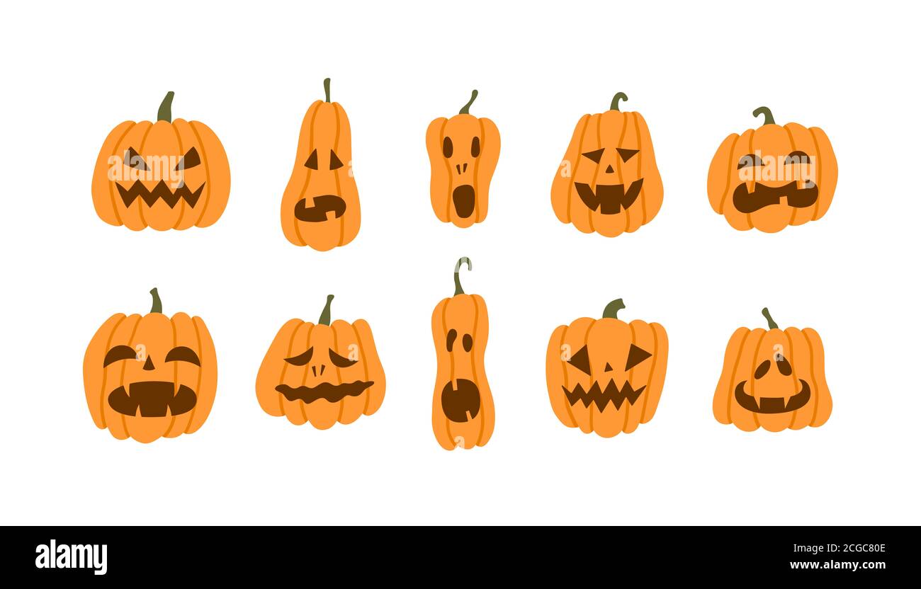 Set of halloween pumpkins terrible smile. Vector illustration in flat style on white background Stock Photo
