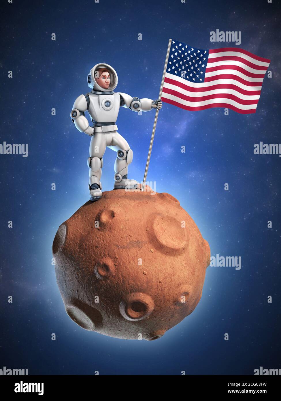 astronaut on meteor holding the American flag Stock Photo