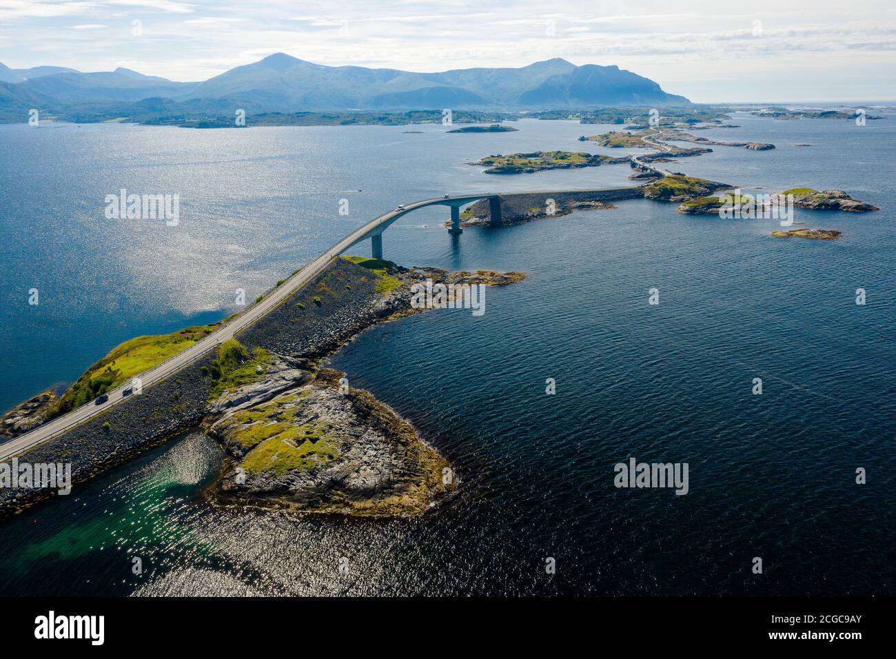 Atlanterhavsvegen, scenic coastal highway, west coast of Norway, drone photo from above showing the unique scenic route of Atlanterhavsvegen Stock Photo