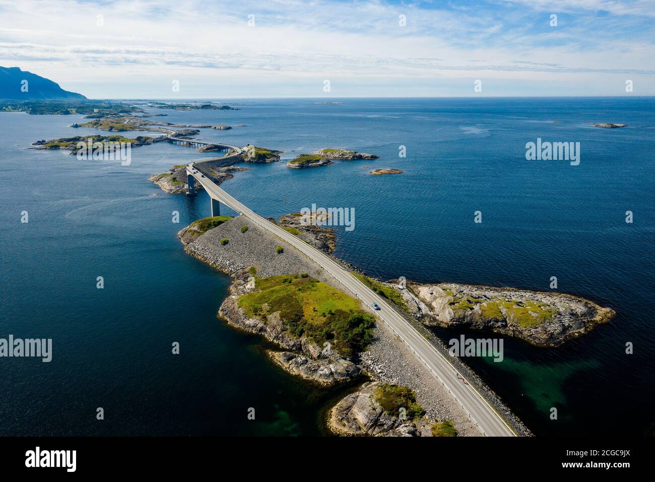 Atlanterhavsvegen, scenic coastal highway, west coast of Norway, drone photo from above showing the unique scenic route of Atlanterhavsvegen Stock Photo