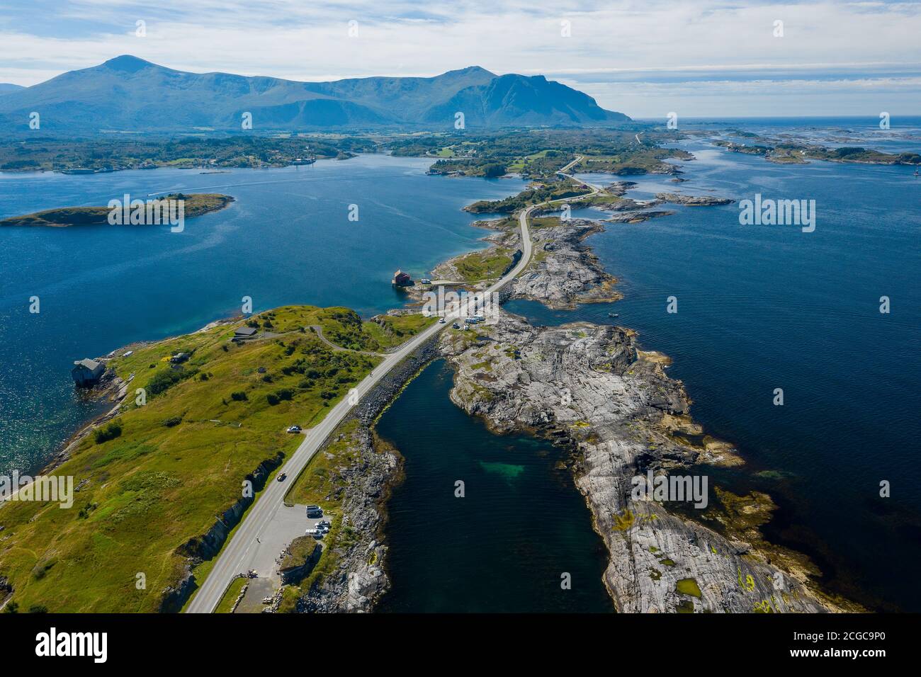 Atlanterhavsvegen, scenic coastal highway, west coast of Norway, drone ...