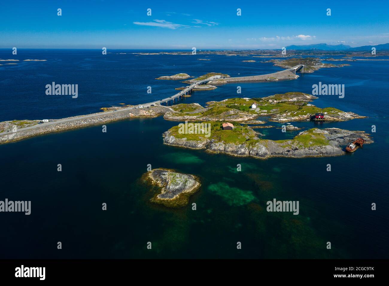 Atlanterhavsvegen, scenic coastal highway, west coast of Norway, drone photo from above showing the unique scenic route of Atlanterhavsvegen Stock Photo