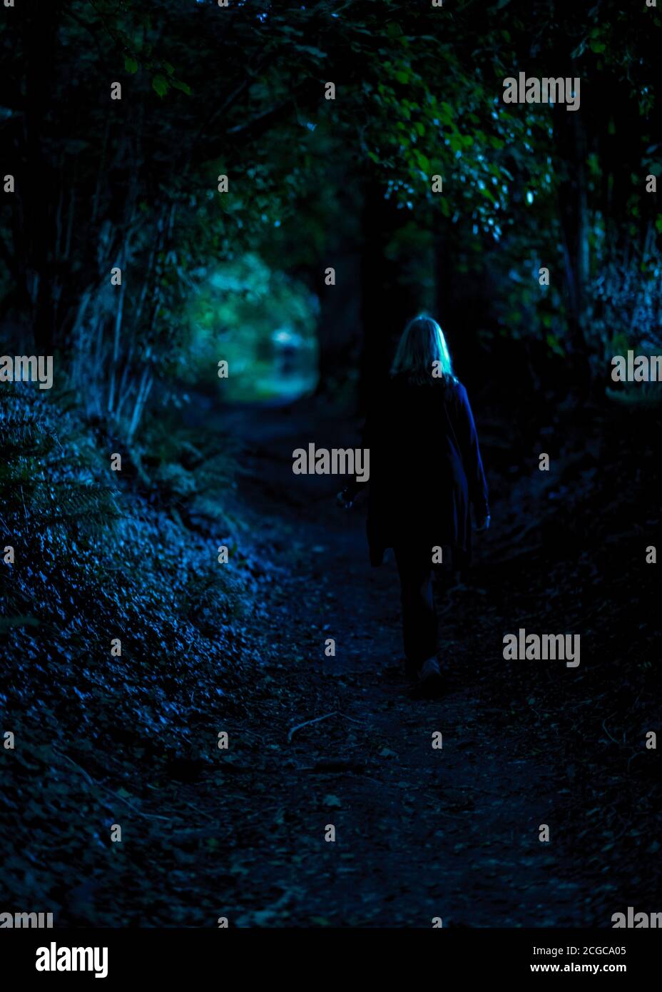 Woman walking down a spooky footpath through tree tunnel with dark copy space Stock Photo