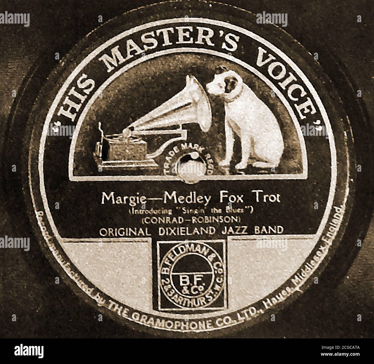 1922 - His Master's Voice record label featuring the Original Dixieland Jazz Band (Margie - Medley Fox Trot).  Originally known as The Original Dixieland Jass Band (ODJB) , In late 1917 the spelling of the band's name was changed. The band  made the first jazz recordings ever in early 1917. Their  recording of  'Livery Stable Blues' became the first jazz record ever made. Stock Photo