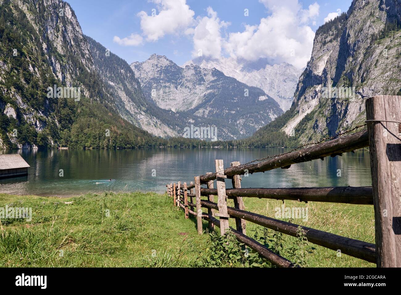 Lake Obersee and scenic mountain landscape on a beautiful summer day in Schoenau, Bavaria, Germany. Stock Photo