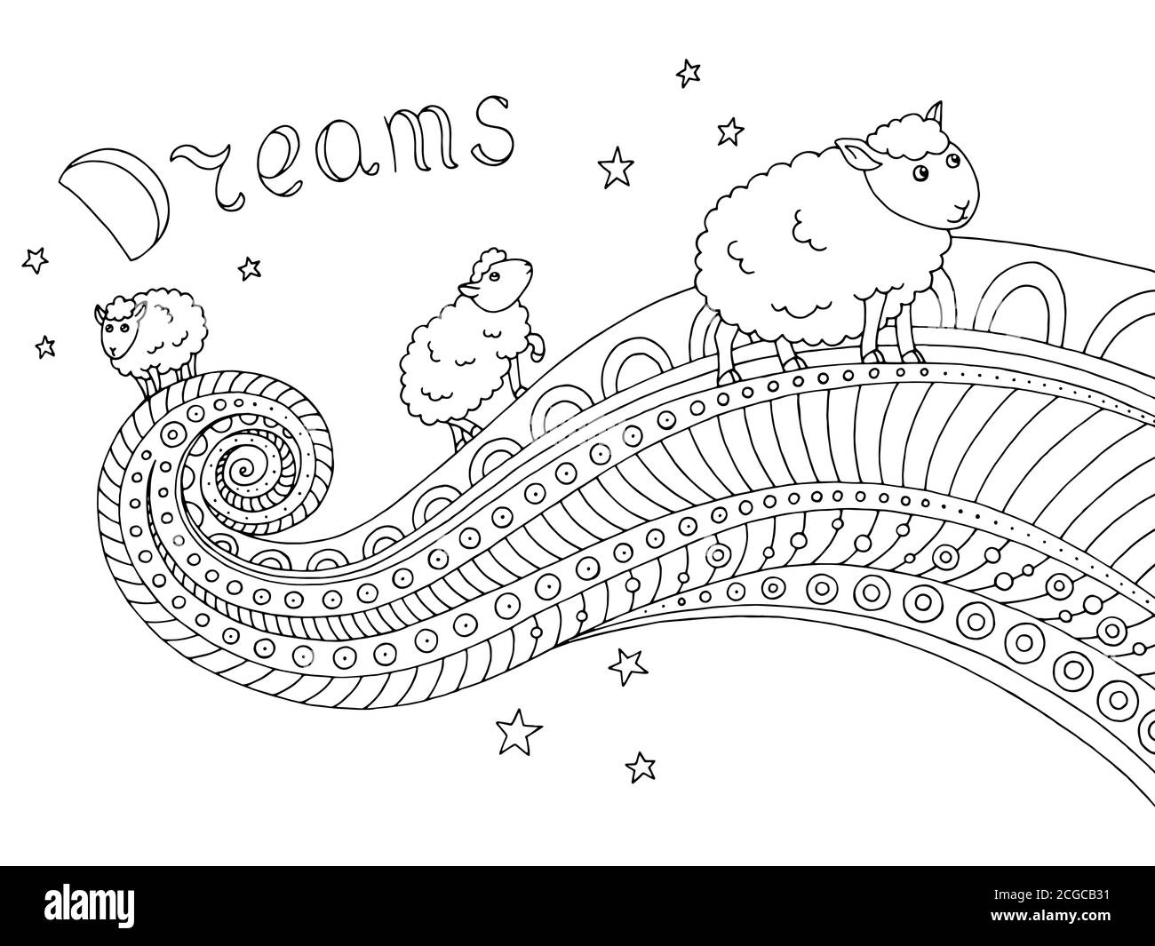 Dreams sheep black white graphic abstract doodle pattern sketch illustration vector Stock Vector