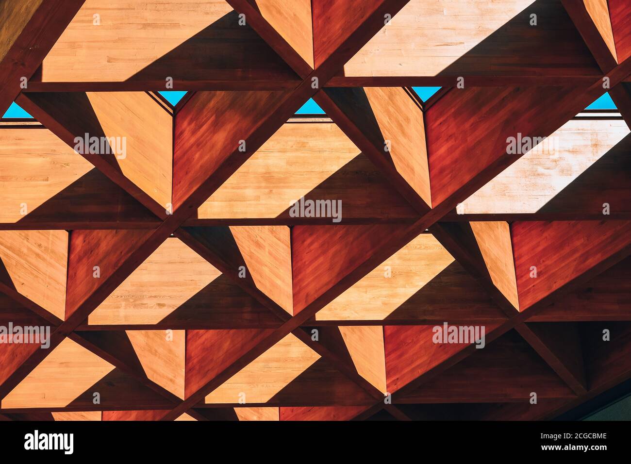 Roofing Construction. Wooden Roof Frame House Construction. Abstract Structure background. Wood texture pattern. Stock Photo