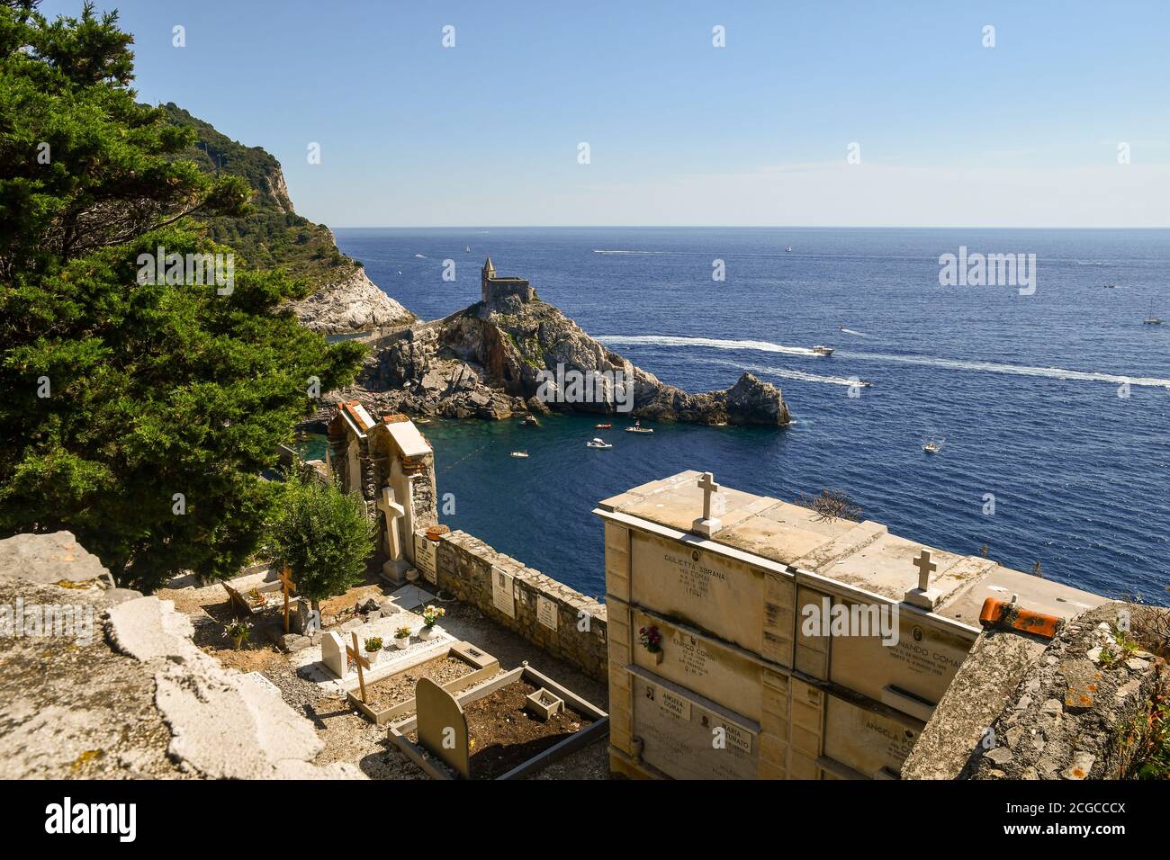 Seascape view from the old cemetery with the Church of St Peter on a rocky spur overlooking the sea, Porto Venere, La Spezia, Liguria, Italy Stock Photo