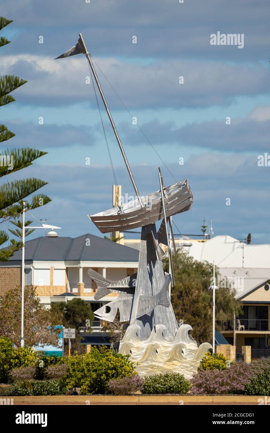 Mandurah, Western Australia August, 2020 Large ocean themed sculpture Aluminium Boat as