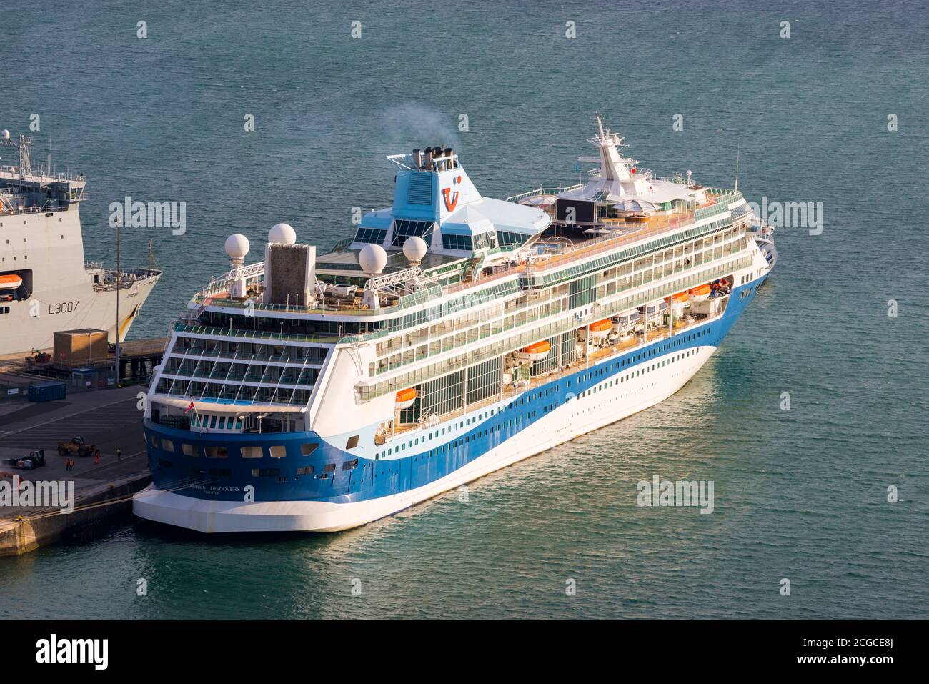 Portland, Dorset, UK.  10th September 2020.  The empty Tui cruise ship Marella Discovery docked at Portland Port in Dorset during the cruising shutdown due to Covid-19.  Picture Credit: Graham Hunt/Alamy Live News Stock Photo