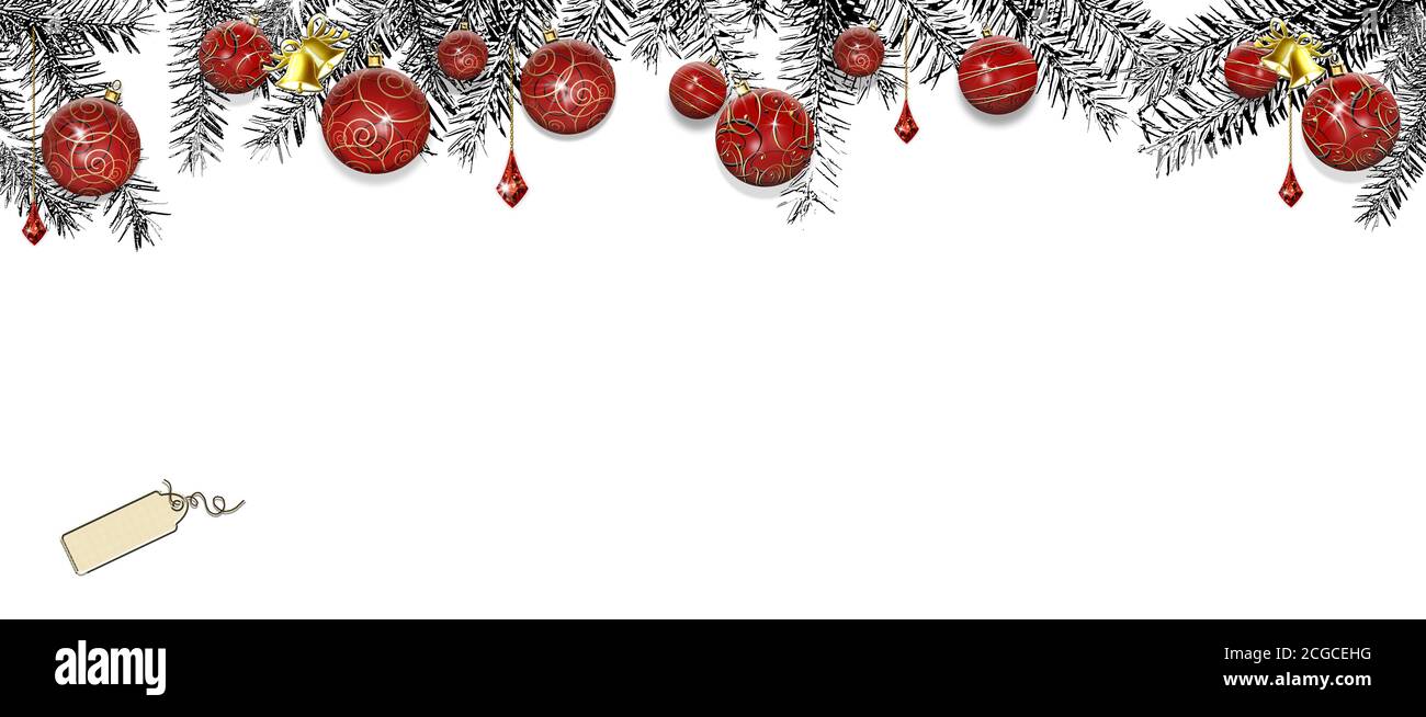 Wide elegant Christmas New Year border with fir branches, red and gold baubles on white. Horizontal. Festive menu, greeting, invitation. Place for text, copy space, mock. 3D illustration Stock Photo