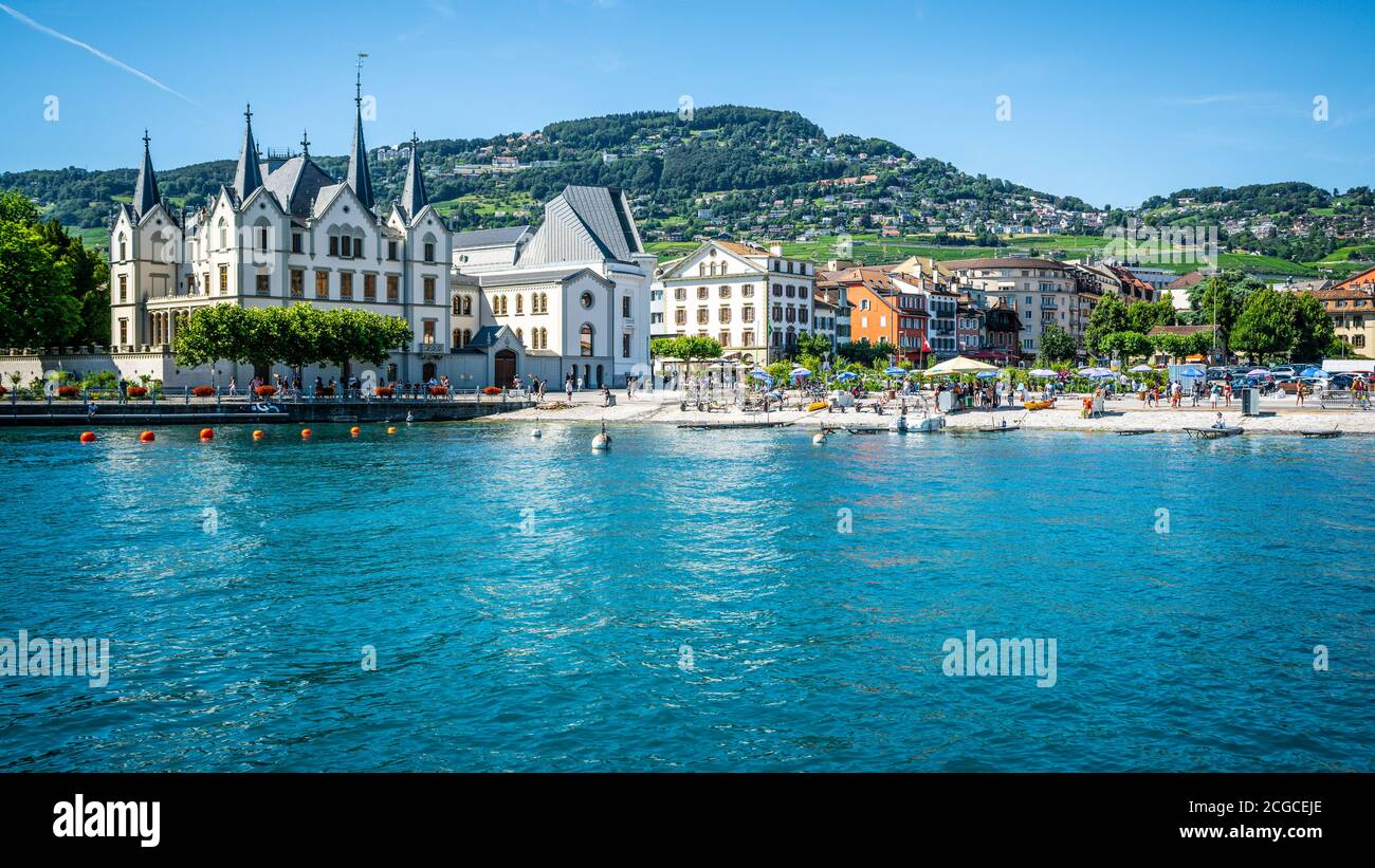 Vevey Switzerland , 4 July 2020 Vevey cityscape with Aile castle