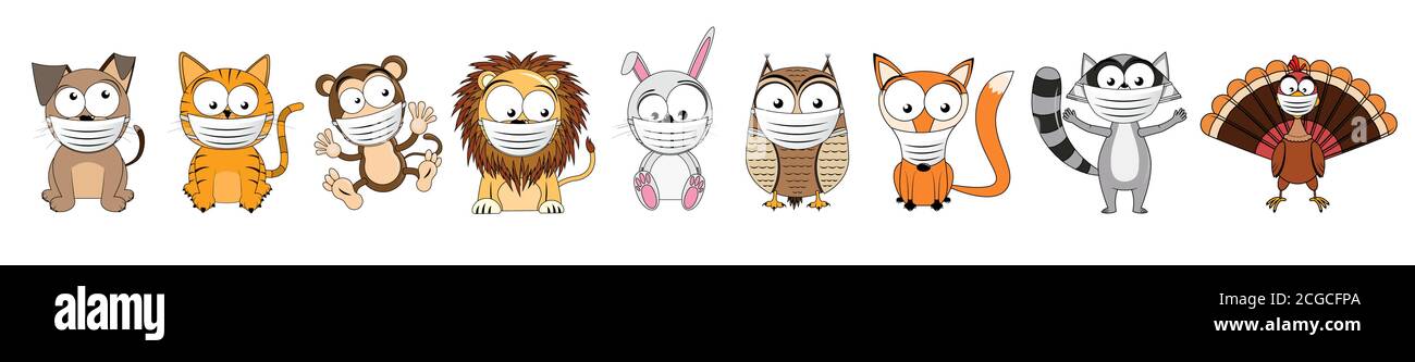Caroon animals wearing face masks - vector illustration Stock Vector