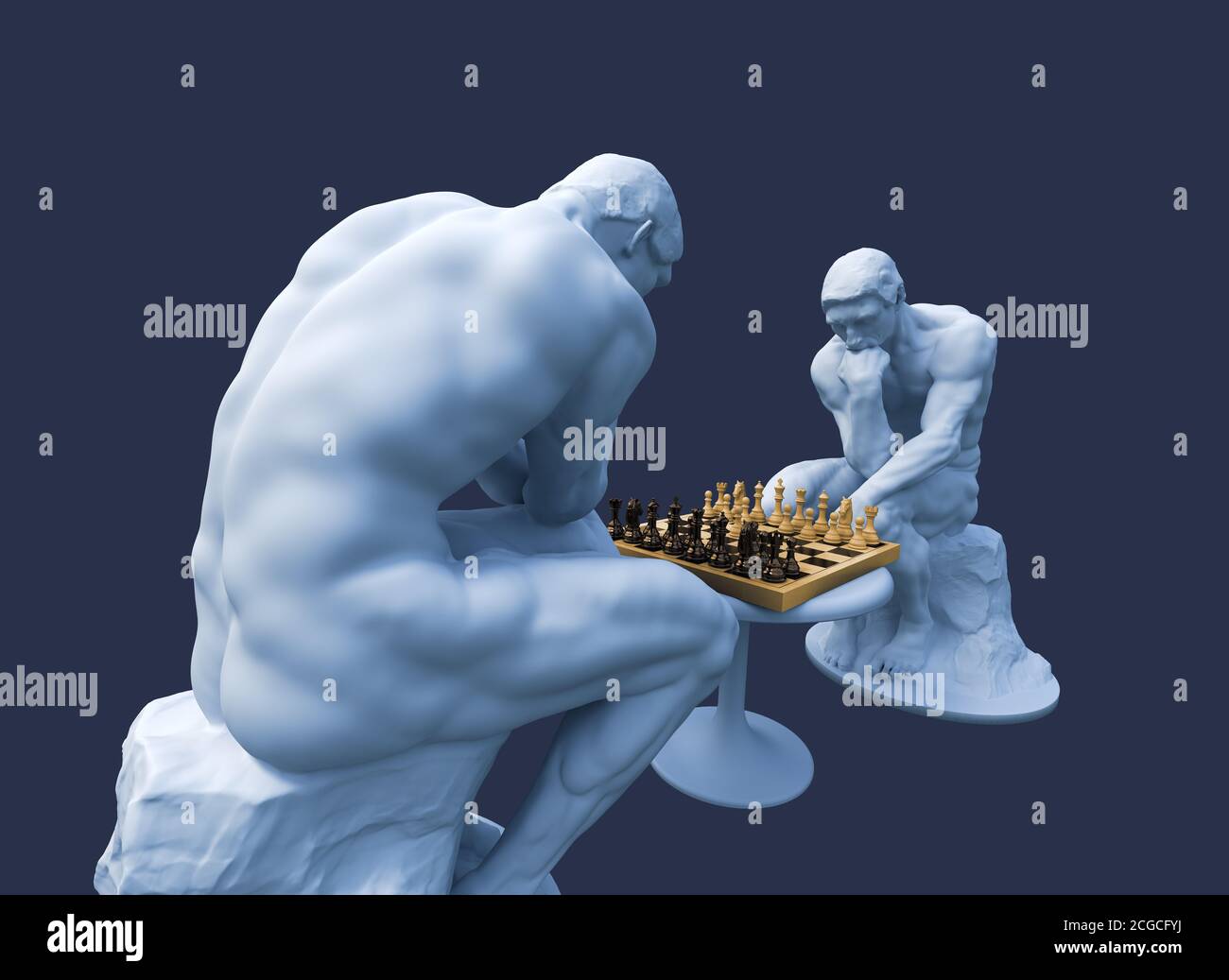 Two Thinkers Pondering The Chess Game On Blue Background Stock Photo