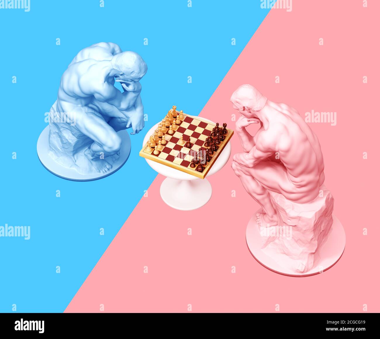 Two Thinkers Pondering The Chess Game On Blue And Pink Backgrounds Stock Photo