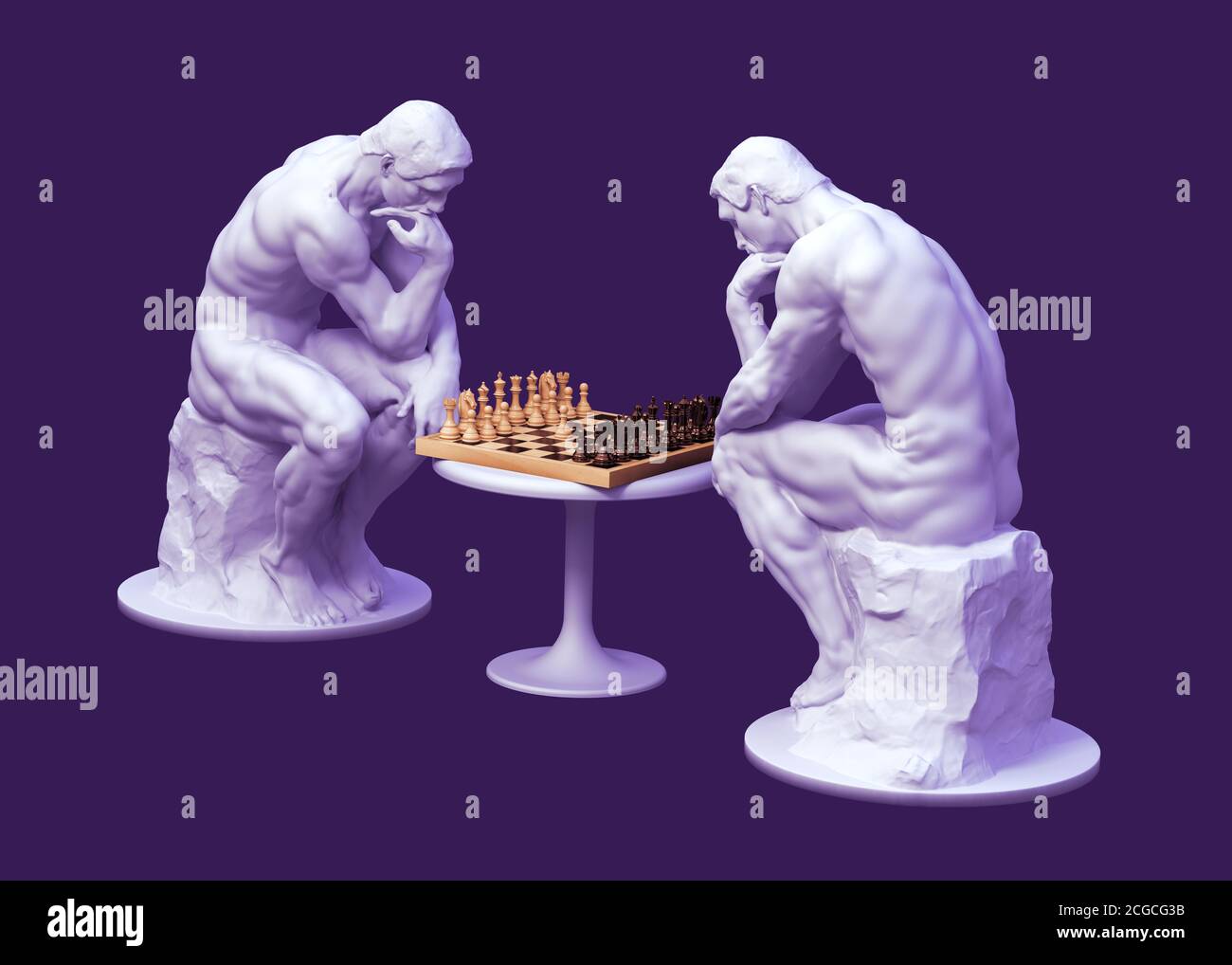 Two Thinkers Pondering The Chess Game On Purple Background Stock Photo