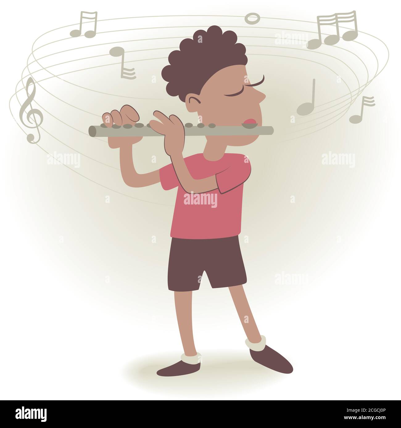 Retro style illustration of a little boy playing the flute. Stock Vector
