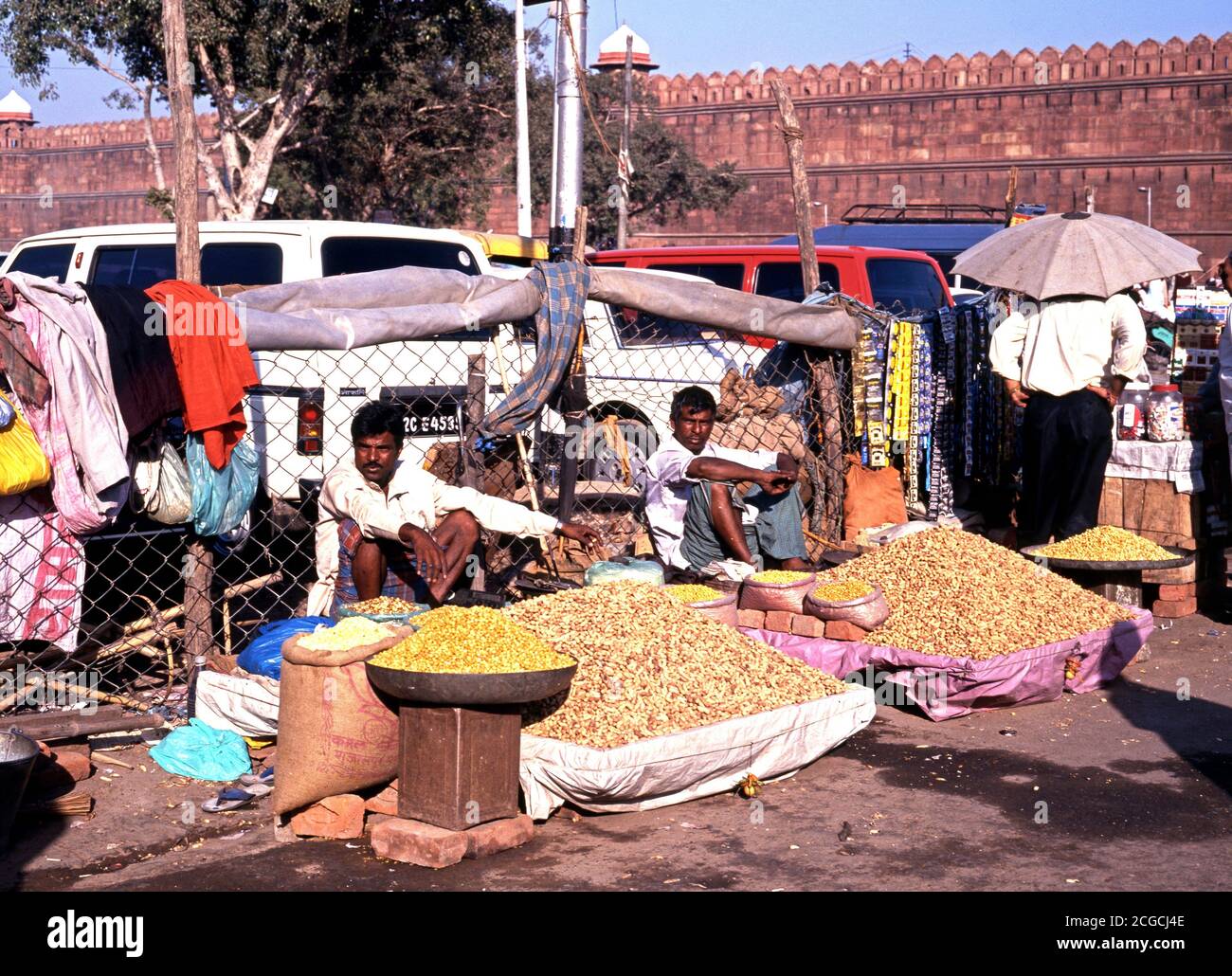Roadside snack stalls and seller outside the Red Fort, Delhi, Delhi Union Territory, India. Stock Photo