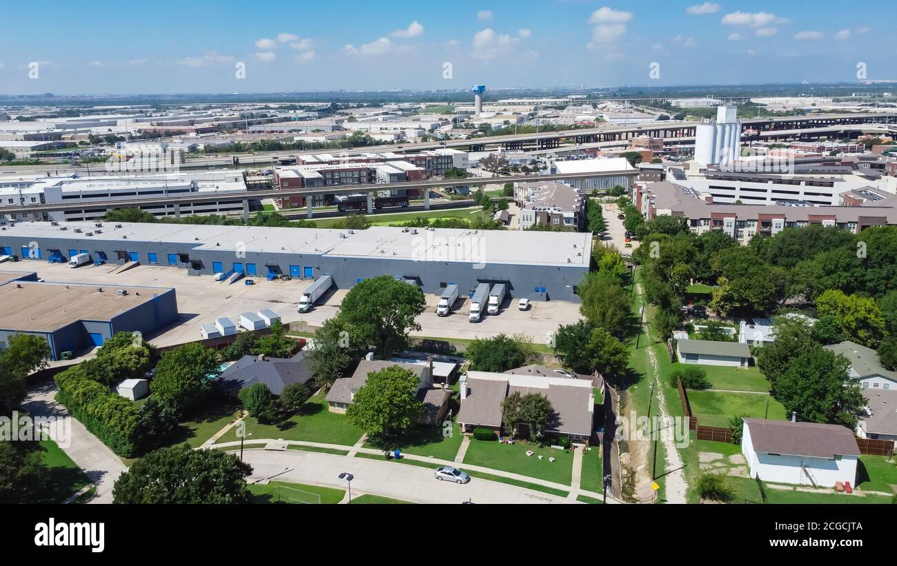 Aerial view logistic center industry warehouse near historic downtown