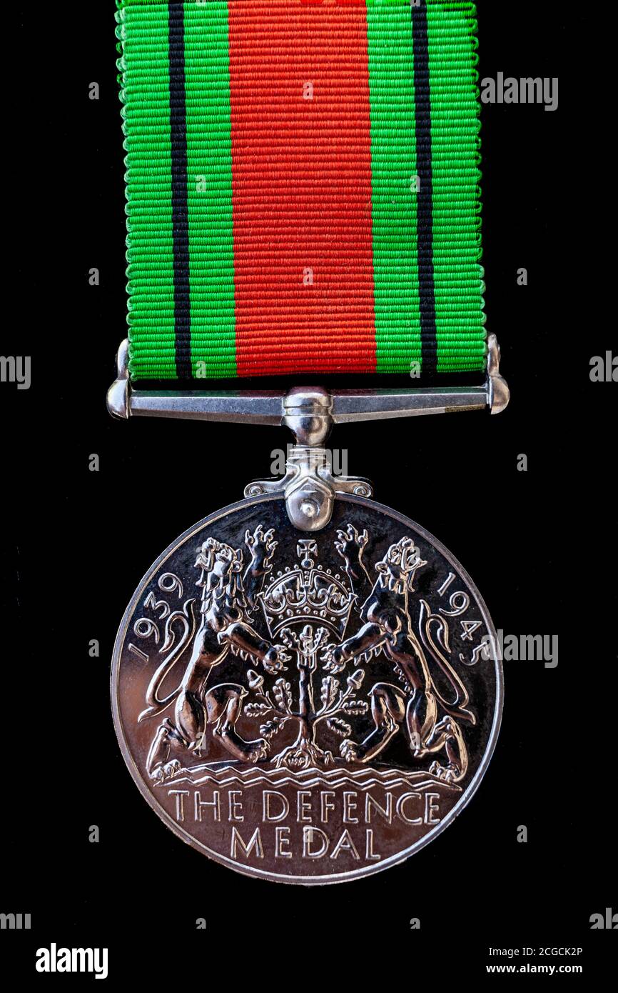 The Defence Medal is a campaign medal instituted by the United Kingdom in May 1945, to be awarded to citizens of the British Commonwealth for both non-operational military and certain types of civilian war service during the Second World War. In this case for service in the Auxiliary Fire Service during the Liverpool Blitz. Stock Photo