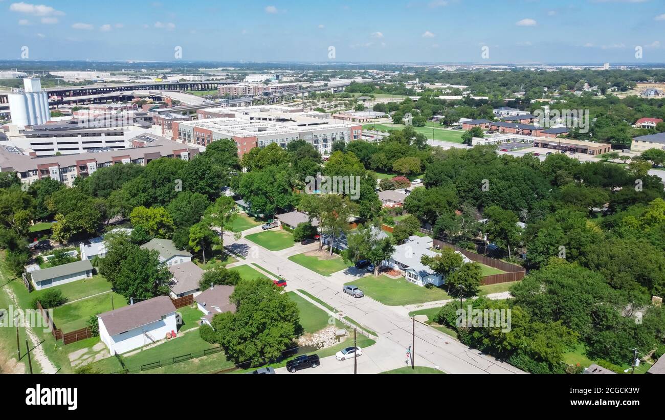 Aerial view green neighborhood with family houses next to rental