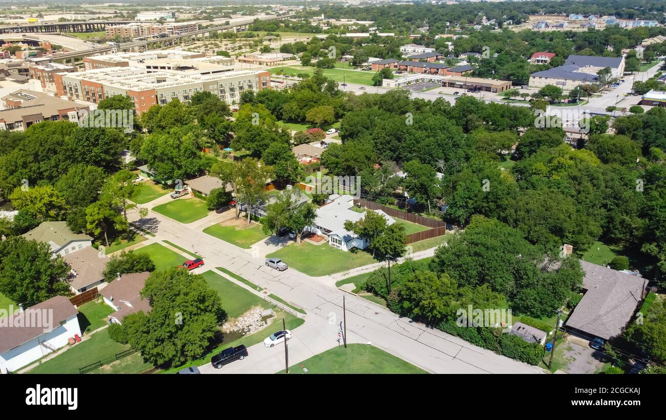 Top view green residential area outside historic downtown Carrollton
