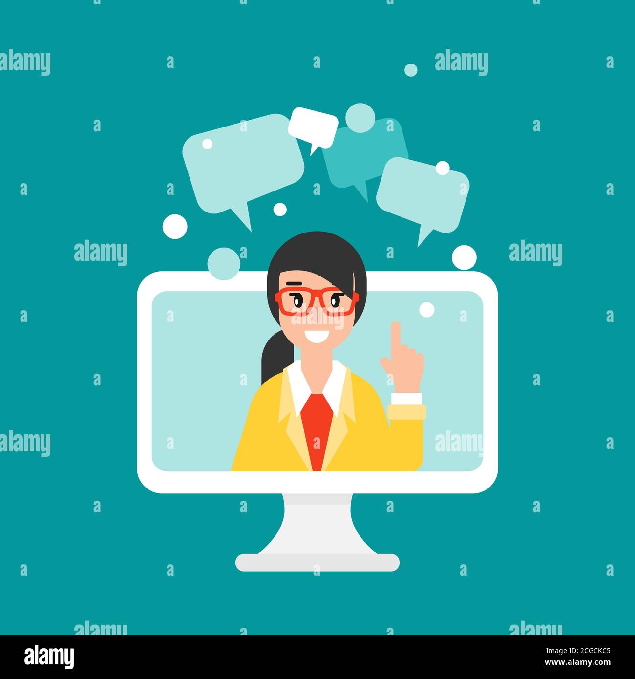 White computer monitor with cute smiling teacher or tutor on screen and ...