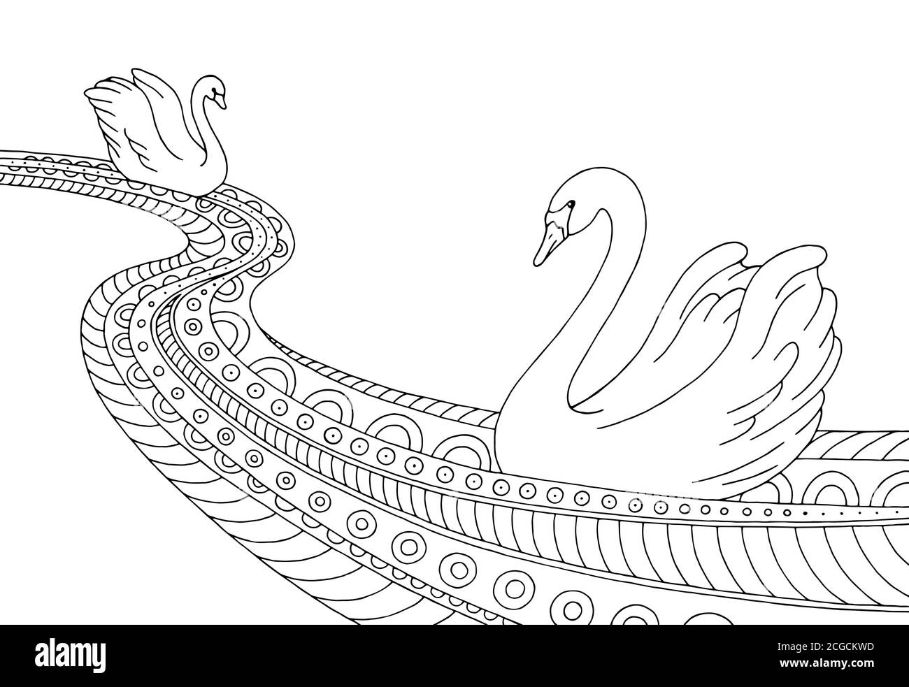 River swan black white graphic abstract doodle pattern sketch illustration vector Stock Vector