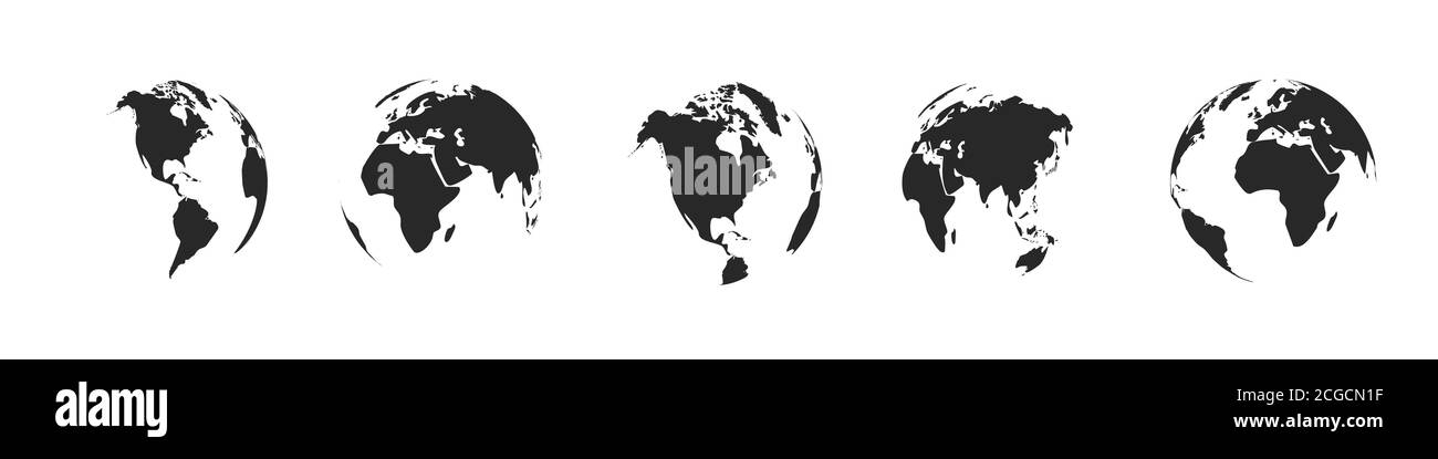 Earth globe icons isolated. World map icons. Hemispheres of earth with a different continents. Vector illustration. Stock Vector