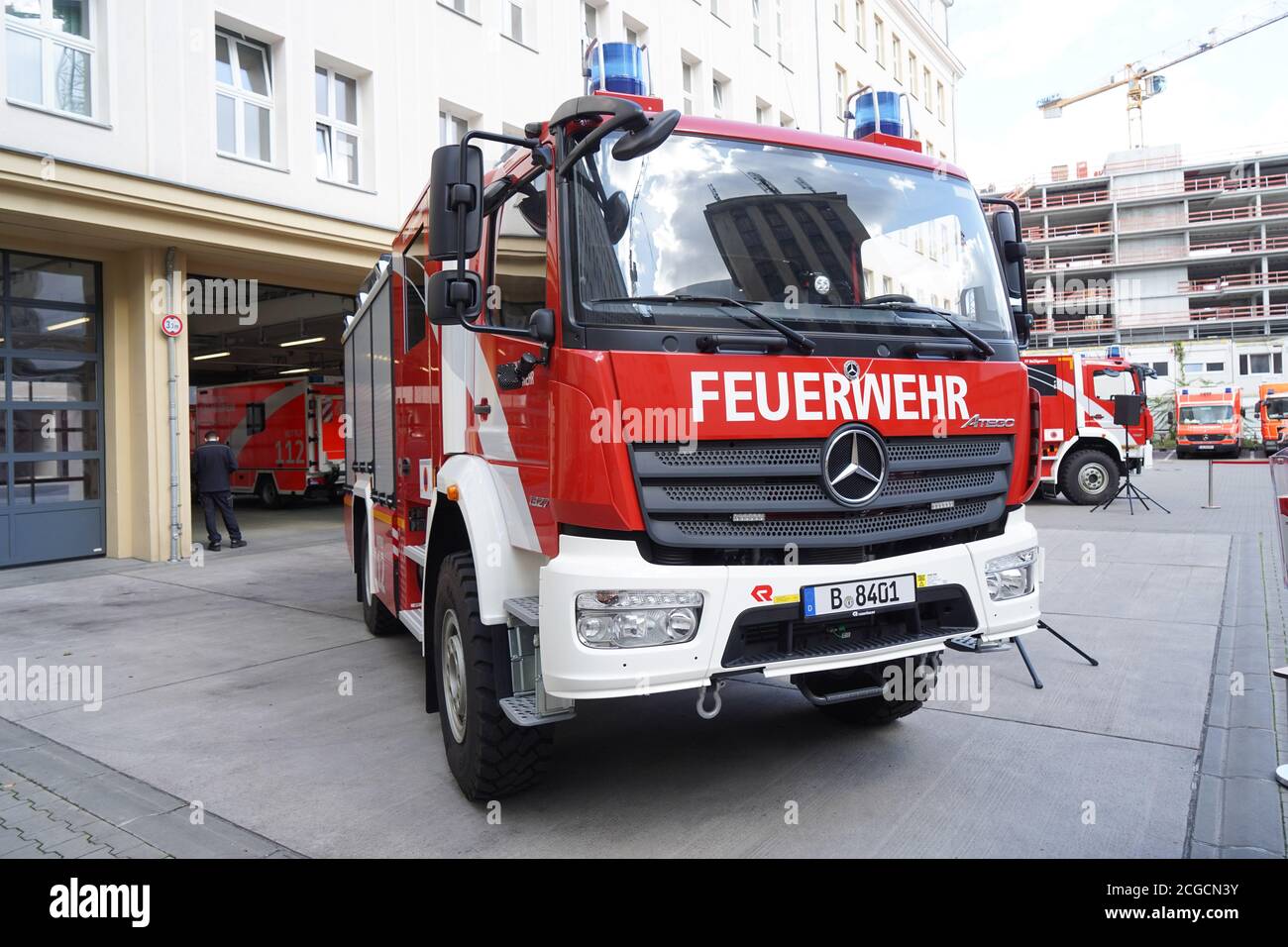 10 September 2020, Berlin: One of three new fire engines for disaster control is parked at a press event at the Feuerwache Mitte. The three MB Atego 1327 AF 4x4 vehicles will be distributed to various locations of the volunteer fire brigade. Photo: Jörg Carstensen/dpa Stock Photo