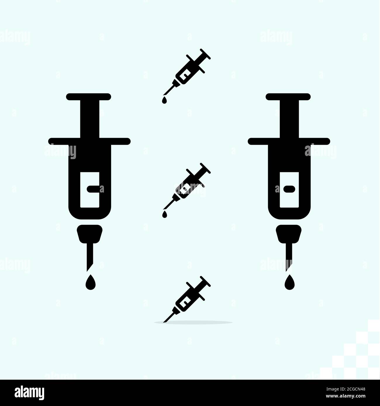 Short syringe injection liquid drop icon symbol in flat black style isolated on blue grey background Stock Photo
