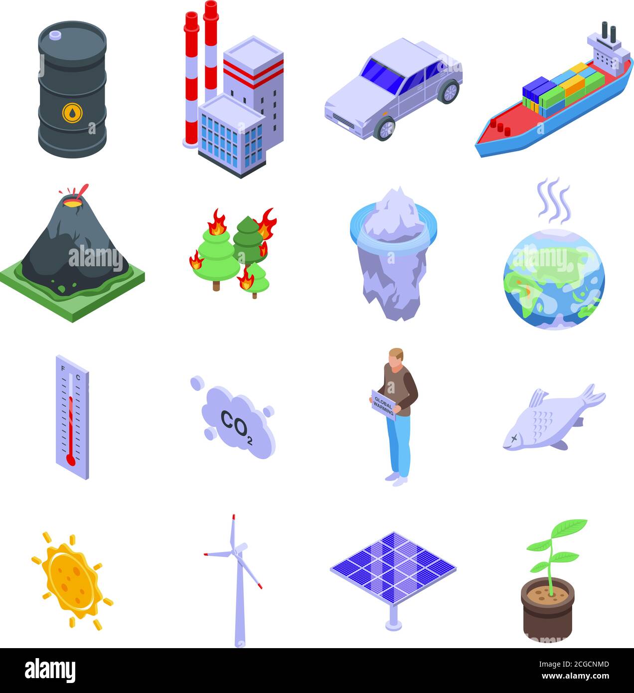 Global warming icons set, isometric style Stock Vector