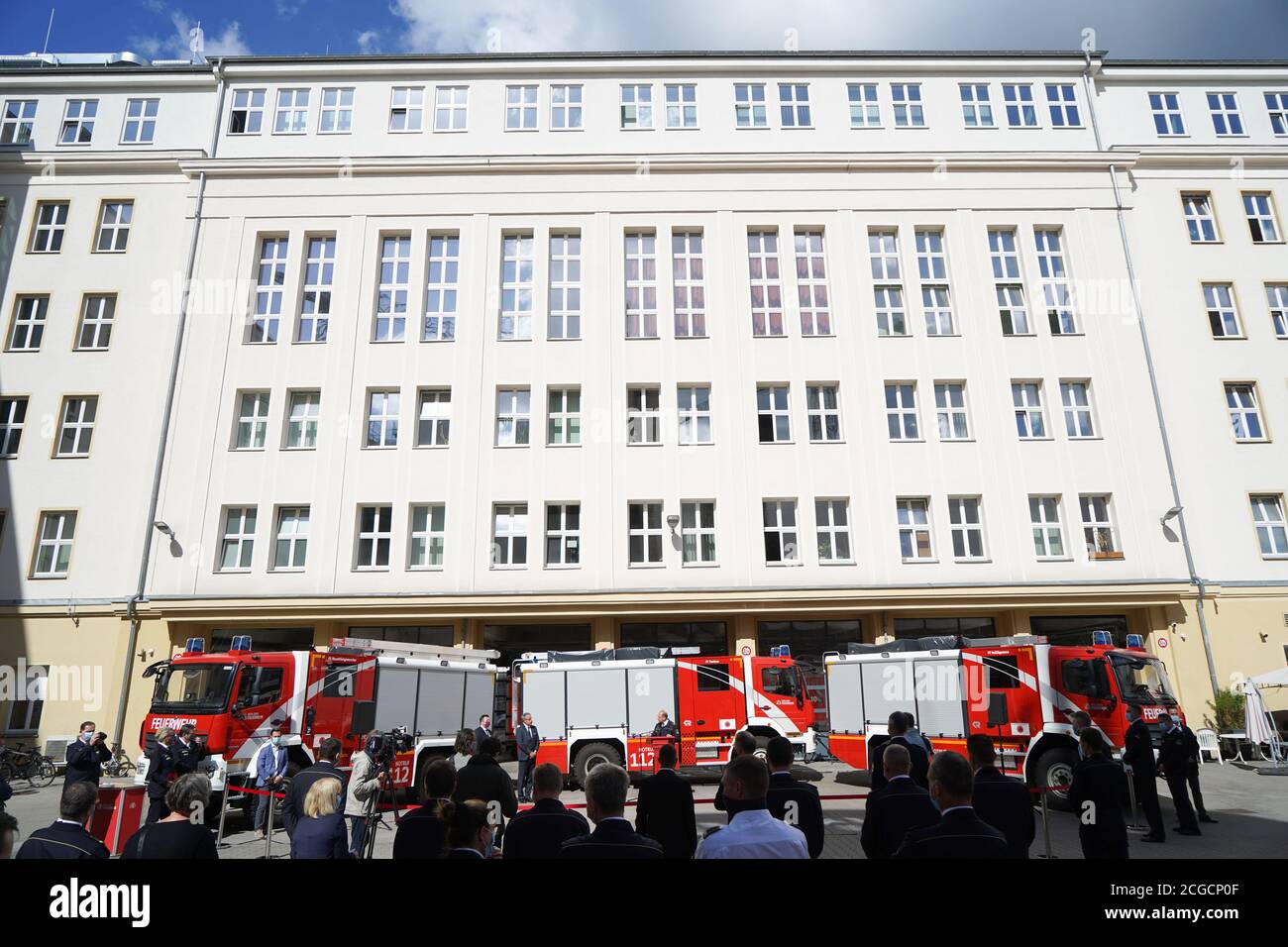 Berlin, Germany. 10th Sep, 2020. Three new fire-fighting vehicles for disaster control are parked at a press event at the Feuerwache Mitte. The three MB Atego 1327 AF 4x4 vehicles will be distributed to various locations of the volunteer fire brigade. Credit: Jörg Carstensen/dpa/Alamy Live News Stock Photo