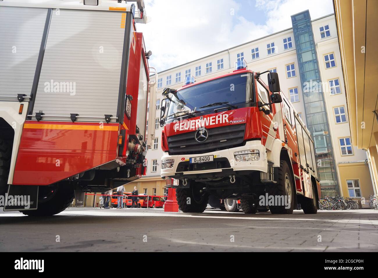 Berlin, Germany. 10th Sep, 2020. One of three new fire engines for disaster control is parked at a press event at the Feuerwache Mitte. The three MB Atego 1327 AF 4x4 vehicles will be distributed to various locations of the volunteer fire brigade. Credit: Jörg Carstensen/dpa/Alamy Live News Stock Photo