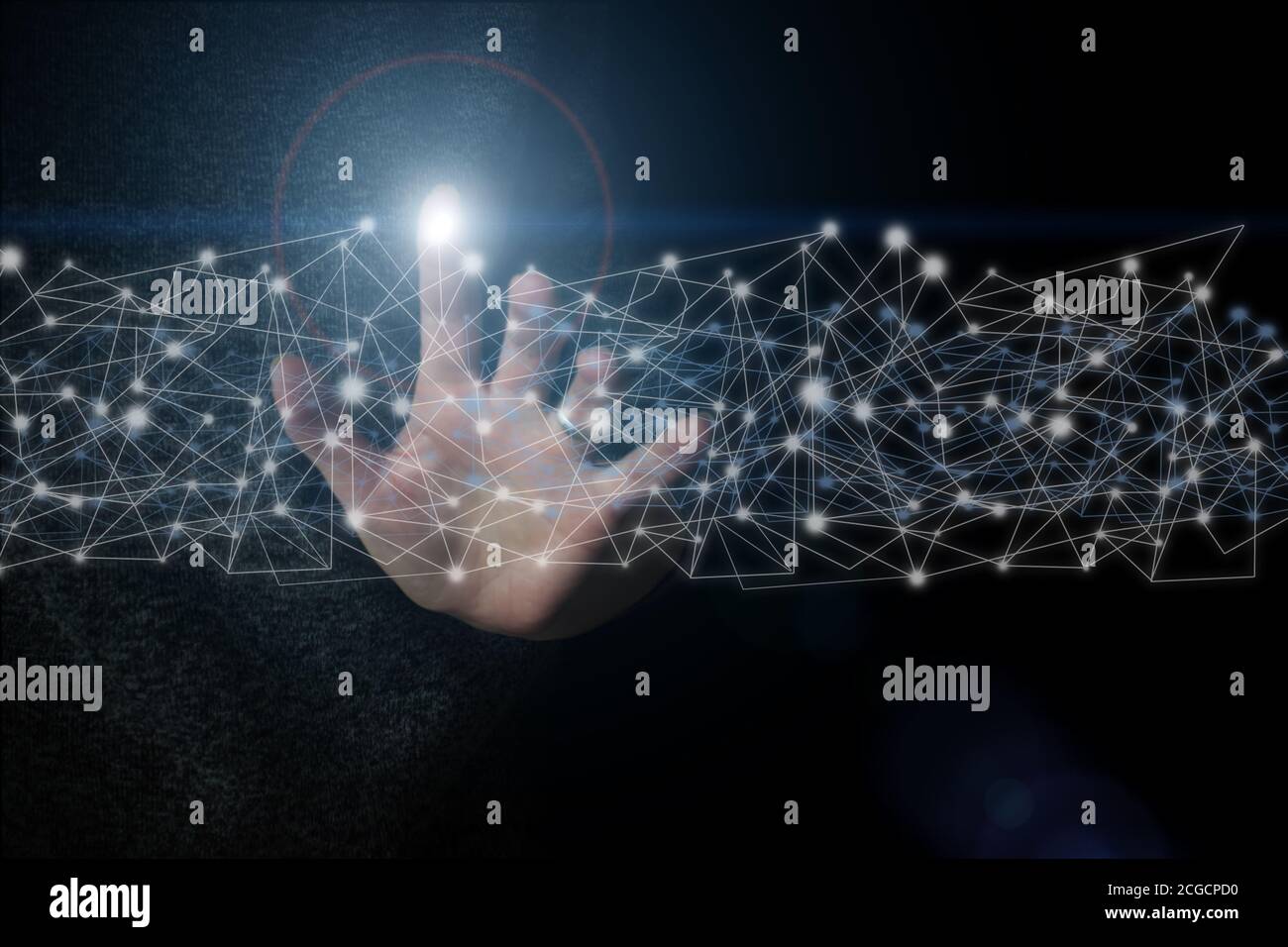 Hand touching global network and data customer connection on dark blue ...