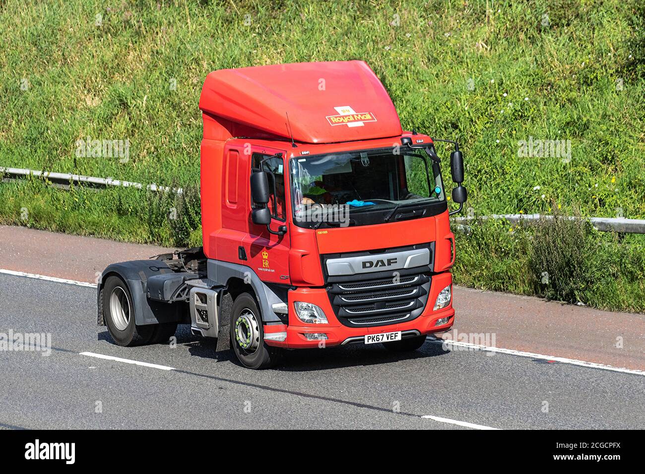 Royal mail 2017 DAF CF powertrain tractor unit; Post office Haulage delivery trucks, lorry, transportation, truck, cargo carrier, commercial vehicle,  transport industry, M61 at Manchester, UK Stock Photo