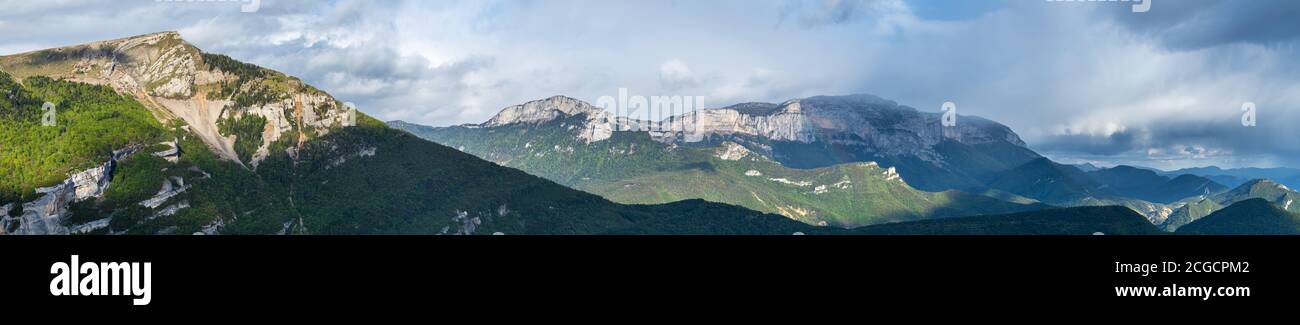 French landscape - Vercors. Panoramic view over the peaks (Col de Rousset) of the Vercors in France. Stock Photo