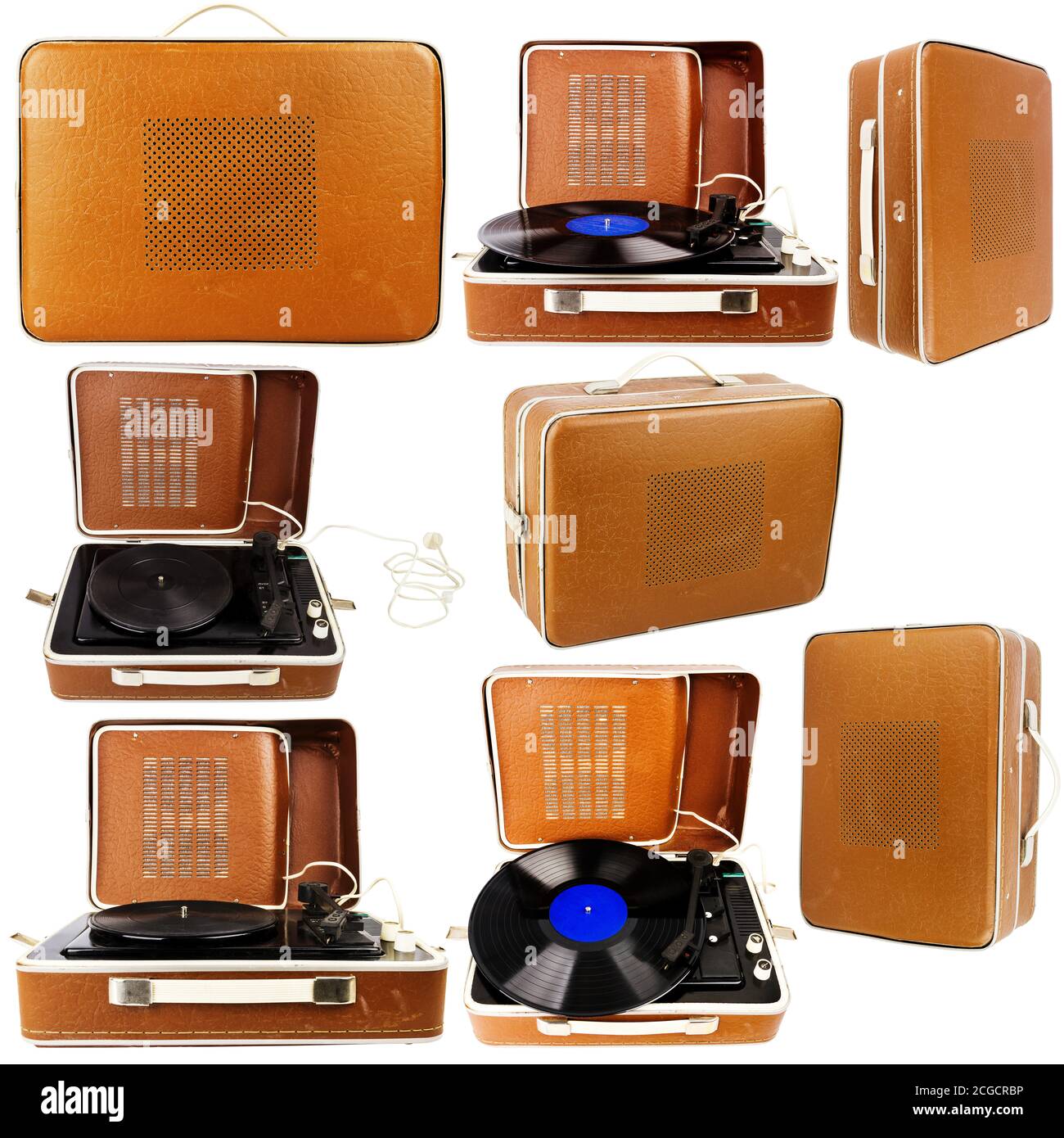 Collection of images with vintage suitcase turntable isolated on white background Stock Photo