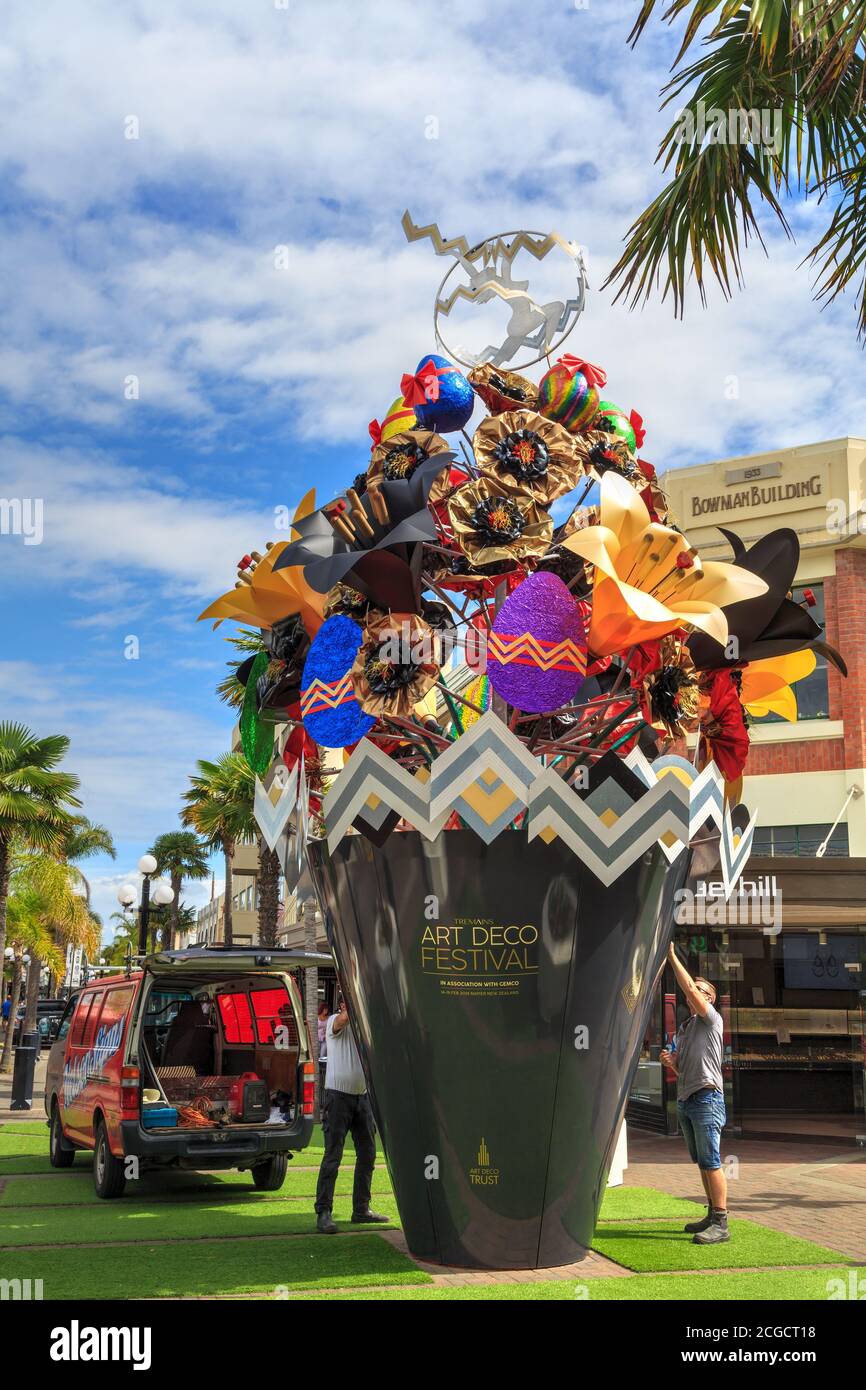 Napier, New Zealand. A giant vase full of flowers and Easter eggs, erected for the city's Art Deco Festival. March 23 2018 Stock Photo
