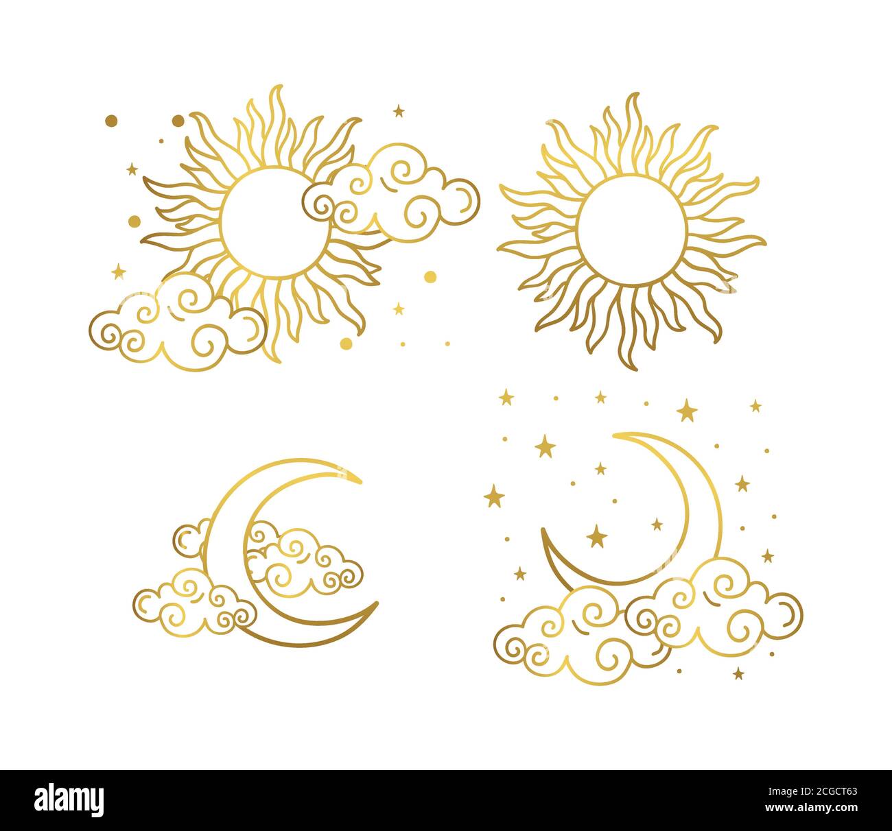 Mystical golden boho tattoos with sun, crescent, stars and clouds. Linear design, hand-drawing. Set of elements for astrology, mysticism and fortune telling. Vector illustration on a white background. Stock Vector